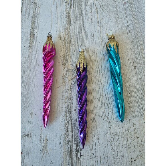 Vintage Germany Mercury icicle glitter gold ornament glass blue purple pink set - Picture 1 of 12